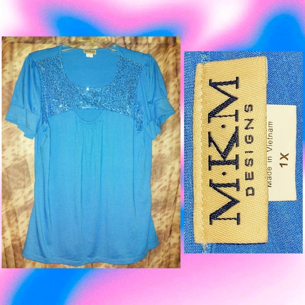 MKM Designs brand Medium Blue Sequin Soft Knit Top Sz 1X(14/16/18)